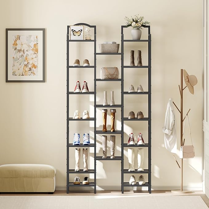 YATINEY 12-Tier Tall Shoe Rack, Vertical Shoe Organizer for Small Spaces, Wooden Shoe Shelf for Entryway, Space Saving Shoe Storage, Holds 12 Pairs of Shoes, Charcoal Gray and Black SS52BC