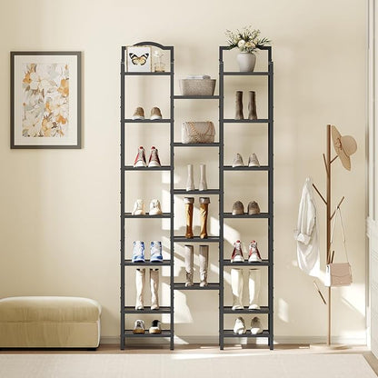 YATINEY 12-Tier Tall Shoe Rack, Vertical Shoe Organizer for Small Spaces, Wooden Shoe Shelf for Entryway, Space Saving Shoe Storage, Holds 12 Pairs of Shoes, Charcoal Gray and Black SS52BC