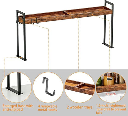 Spice Rack Shelf for Kitchen Stove, Over the Stove Shelf with 4 Level Adjustable Height, Over Stove Spice Rack with 4 Hooks, Rustic Brown + Black