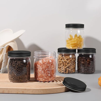 novelinks 8 oz Clear Plastic Jars with Airtight Lids, 8 Pack Plastic Mason Jars with Lids 8oz, Refillable Storage Slime Containers & Small Spice Jar for Kitchen Organization (8 Pack,Black)