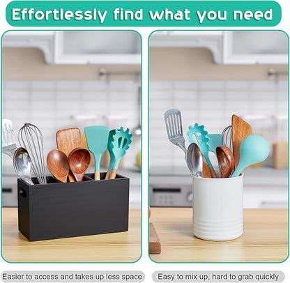 ALELION Black Kitchen Utensil Holder for Countertop - Wooden Large Utensil Caddy Organizer for Counter - 3 Compartment Cooking Utensil Crock for Silverware Spoon Spatula