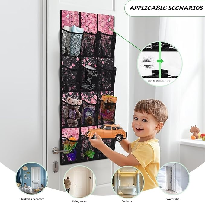 Cherry Blossom Behind Door Organizer 12 Pockets Over The Door Closet Organizer for BedRoom Space Saving Multi-Funtion Storage Bag for School Easy to Install Shoe Holder Hanger