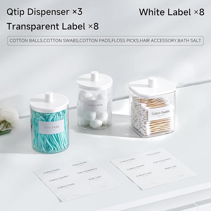 3 Pack Glass Qtip Holder Dispenser- 10 oz Clear Canister Apothecary Jar, Bathroom Vanity Storage Organizer Set for Cotton Swabs, Pads, Floss Picks, Small Containers for Makeup Storage (White)