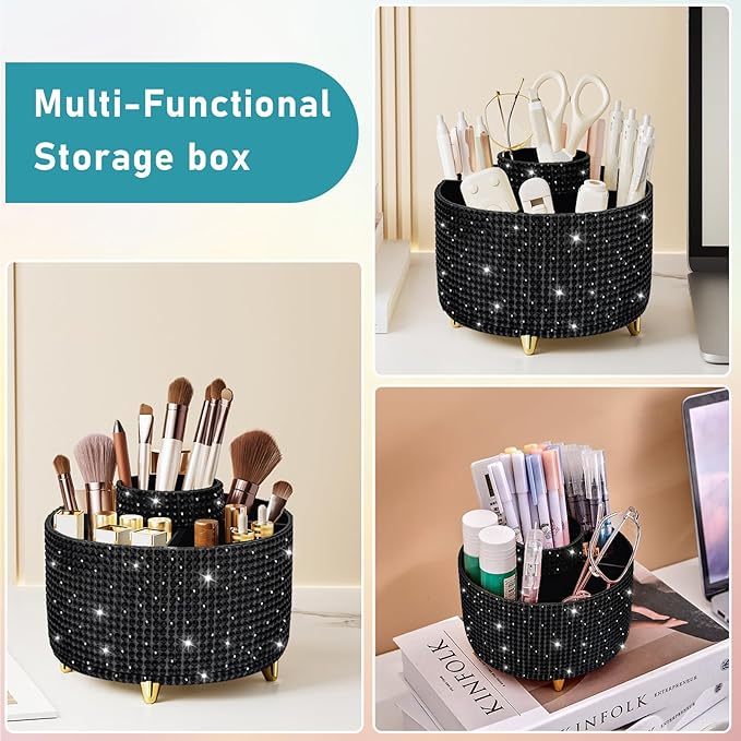 Diesisa Bling Diamond 360° Makeup Brush Holder Organizer, Rotating Makeup Brush Organizer,5 Slot Make up Brushes Cup for Cosmetics, Vanity Desktop Organizer, Gift for Women Teen Girls- Diamond Black