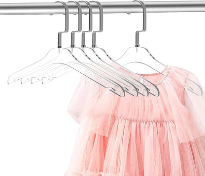 Quality Hangers 5 Pack 12.5 Inches Kids Size Acrylic Hangers – Crystal Clear Hangers for Kids Clothes 7-10 Years Old with Wide Matte Silver Metallic Hook - Acrylic Children Shirt Suit Coat Hanger