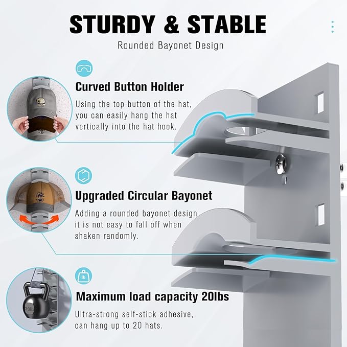 Hat Organizer for Baseball Caps, Hat Rack for Wall with Strong Adhesive Hold up to 10 Hats, Hat Hanger Holder Display for Door Closet, Cap Organizer Storage Multilayer Two Mounting Option(Grey)
