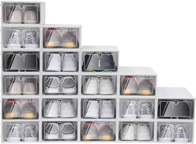 20 Pcs Clear Shoe Storage Boxes, Plastic Stackable Shoe Storage Organizer, Front Opening Heavy Duty Shoe Bins Case, Foldable Shoe Box Organizer, 9 x 13 x 5.5 Inch