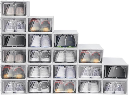 20 Pcs Clear Shoe Storage Boxes, Plastic Stackable Shoe Storage Organizer, Front Opening Heavy Duty Shoe Bins Case, Foldable Shoe Box Organizer, 9 x 13 x 5.5 Inch