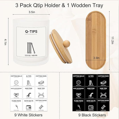 3Pack Glass Qtip Holder with Bamboo Tray, Cotton Ball Holder, 13.5 oz Apothecary Jars Bathroom Canisters with Lids, Bathroom Jars for Floss Picks, Cotton Swabs, Balls, Pads (Frosted)