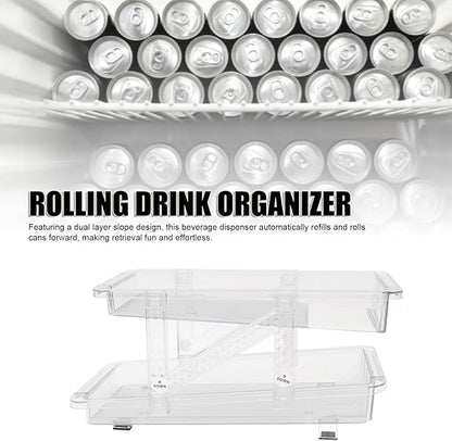 Stacking Can Dispensers Rolling Soda Can Organizer 2 Layer Expandable Automatic Rolling Beverage Dispenser Beer Can Holder for Refrigerator Pantry Freezer (Clear)