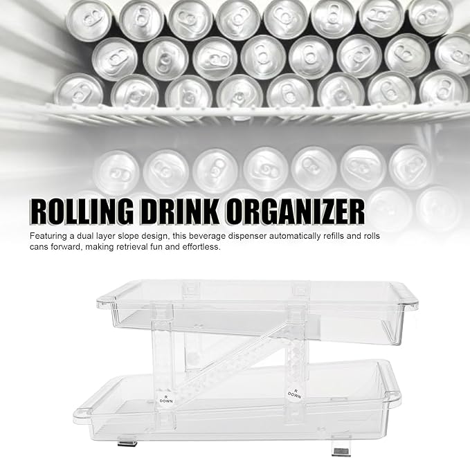 2 Layer Expandable Soda Can Organizer, Automatic Rolling Beverage Drink Dispenser for Fridge, Plastic Beer Can Holder for Refrigerator Pantry Freezer (Clear White)