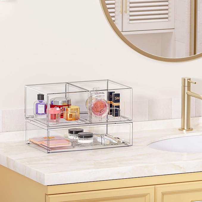 Vtopmart Stackable Storage Drawers Set of 3,Clear Plastic Organizer Bins for Makeup, Cosmetics, Beauty Supplies,Ideal for Vanity, Bathroom,Cabinet,Pantry Organization