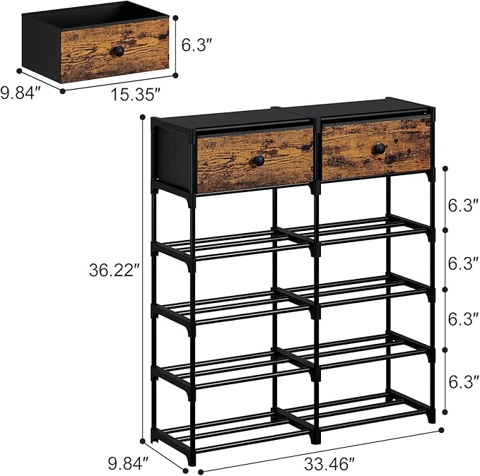 Shoe Rack, 6 Tier Shoe Rack Organizer with 2 Large Drawers, Shoe Storage for 20-24 Pairs, Sturdy Metal Shoe Shelf Shoe Stand for Closet Entryway, Rustic Brown and Black