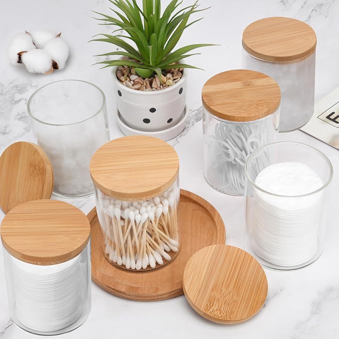 BKYFPQ 6 Pack Glass Qtip Holder Dispenser Set - Apothecary Jars with Lids for Vanity Makeup Organizer - Bathroom Canister Storage Organizer