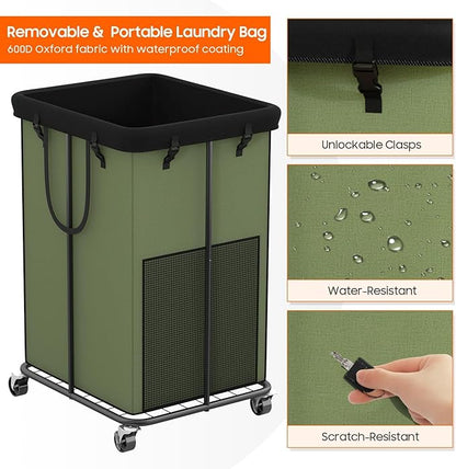 150L Laundry Hamper with Wheels, Rolling Laundry Basket with Metal Frame and Removable Bag, Large & Tall Dirty Clothes Hampers for Bedroom Aesthetic, Laundry Room, Bathroom, Dorm-Green