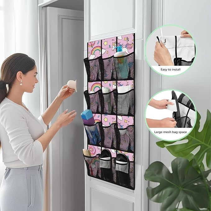 Unicorn Over Door Organizer for Stuffies Collapsible Back of Door Shoe Organizer Large Capacity 4 Shelf 12 Clear Pockets Hanging Storage Bag for Kids Toys Snacks Shoes Hats Comics