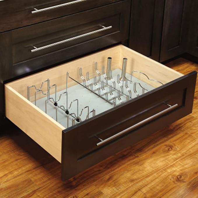 Rev-A-Shelf Kitchen Cabinet Drawer Storage Organizer for Pot and Pan Lid Storage, For 4DPS & 4DPBG Interior Peg Boards, Hold 6 Lids, Chrome, 5DLD-1-CR