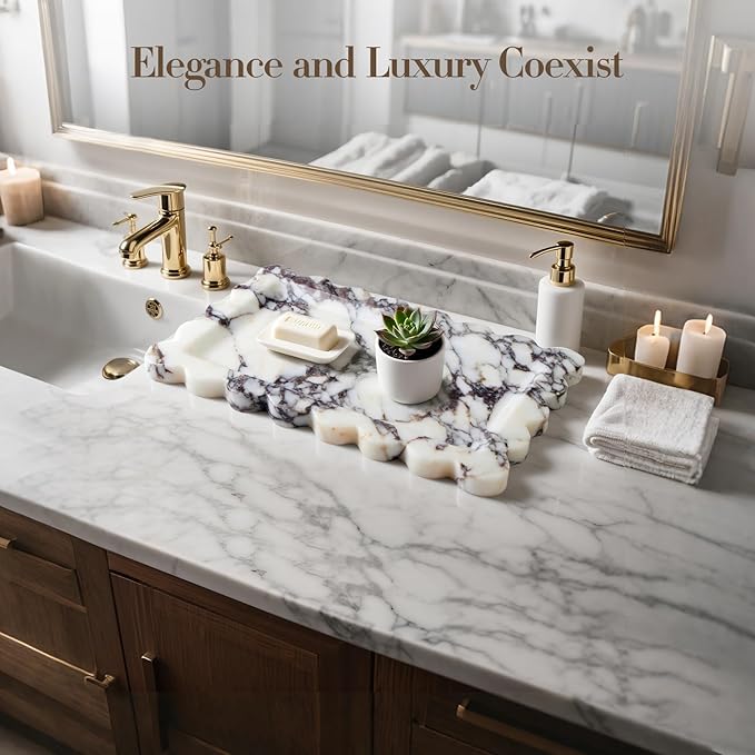 SAMAH Calacatta Viola Natural Marble Tray, Scalloped Bathroom Tray, Decorative Tray for Vanity, Dresser, Kitchen & Home Decor, Teacher Appreciation Gifts, House Warming Gifts New Home(Rectangle)