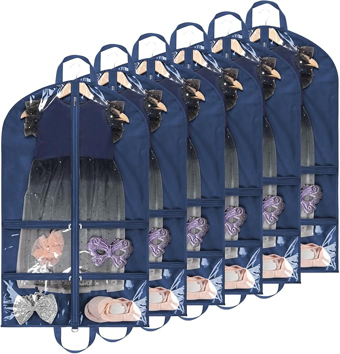 KEEGH Clear Garment Bags for Dance Costumes 40 inch Dance Garment Bags for Dancers Hanging Clothes for Closet Storage, with 4 Zipper Pockets for Dance Competitions, Ballet, Theatre, 6 Pack, Navy Blue