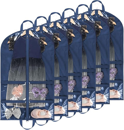 KEEGH Clear Garment Bags for Dance Costumes 40 inch Dance Garment Bags for Dancers Hanging Clothes for Closet Storage, with 4 Zipper Pockets for Dance Competitions, Ballet, Theatre, 6 Pack, Navy Blue