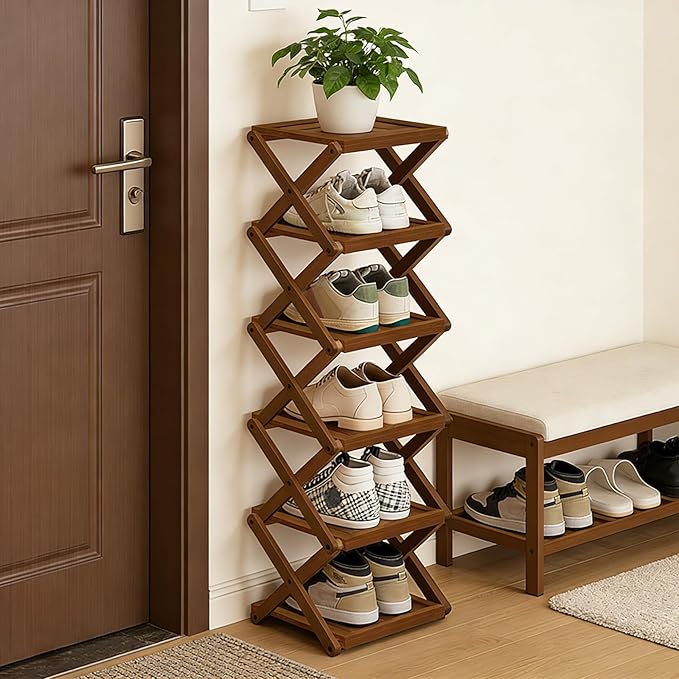 YYW Shoe Rack, Foldable Bamboo Shoes Shelf, Freestanding Shoe Storage Organiser for Entryway, Bedroom, Closet, Hallway Functional, Natural Shoe Rack (Brown, 6 Layers)