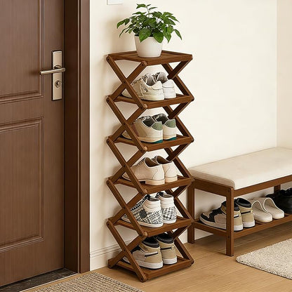 YYW Shoe Rack, Foldable Bamboo Shoes Shelf, Freestanding Shoe Storage Organiser for Entryway, Bedroom, Closet, Hallway Functional, Natural Shoe Rack (Brown, 6 Layers)