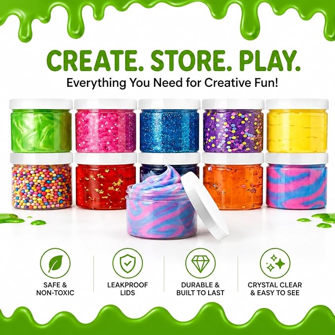 Healthy Packers Slime Containers with Water-tight Lids (8 oz, 12 Pack) - Clear Plastic Food Storage Jars with Individual Labels- Great for your slime kit - BPA Free