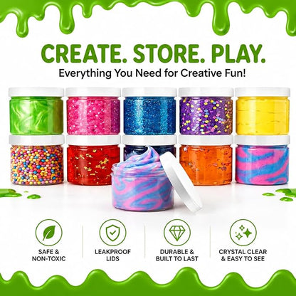 Healthy Packers Slime Containers with Water-tight Lids (8 oz, 12 Pack) - Clear Plastic Food Storage Jars with Individual Labels- Great for your slime kit - BPA Free
