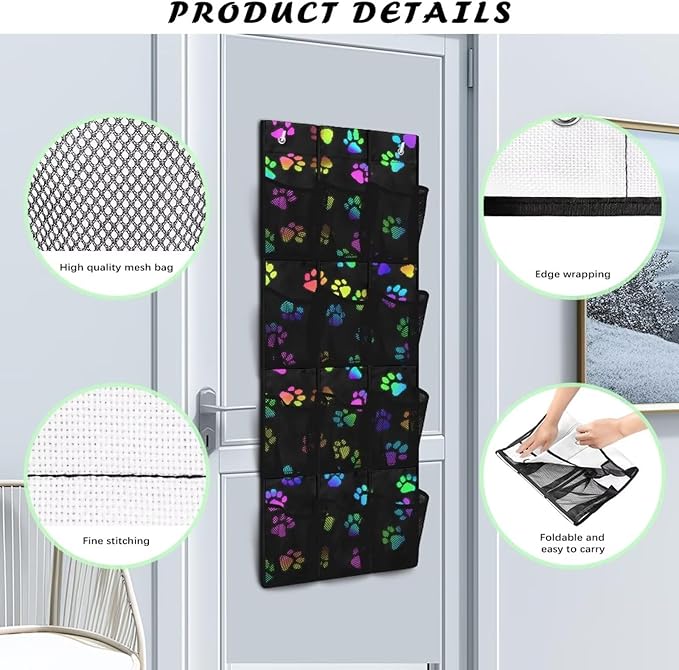 Paw Over The Door Shoe Organizers,Shoe Rack for Door,Hanger Storage Organizer for Closet,Classroom Headphone Storage with 12 Mesh Pockets,Breathable Storage Bag for Women