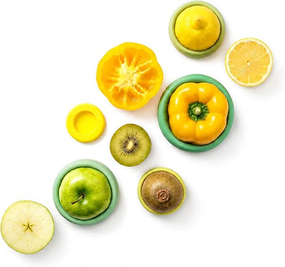 Food Huggers 5pc Reusable Silicone Food Savers | BPA Free | Plastic Free Food Storage | Dishwasher Safe | Fruit & Vegetable Produce Storage for Onion, Tomato, Lemon, Banana & Cans | Round, Sage Green