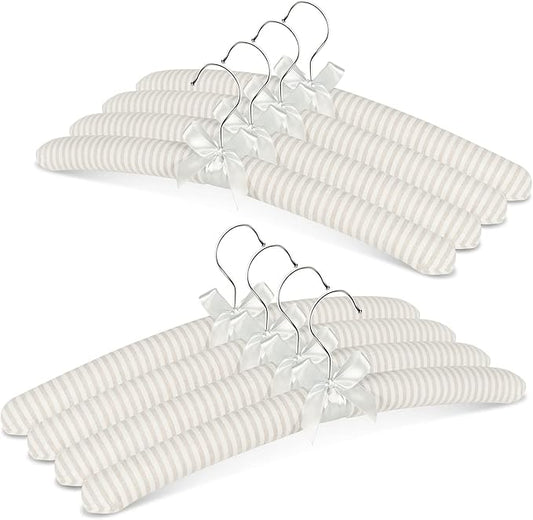 Padded Hangers for Women Clothing Men Sweaters, GLCON 17 Inches Satin Coat Hangers No Bump Fabric Foam Wood Cover, Anti-Slip Thick Clothes Hanger for Adult Wedding Dress Pants (Stripe, 8 Pack)