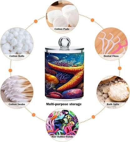 ALAZA 2pcs Orange Starfish Seashell Ocean Qtip Holder Dispenser 14 oz Bathroom Storage Clear Apothecary Jars Containers Cotton Ball,Cotton Rounds,Floss Picks, Hair Clips, Food