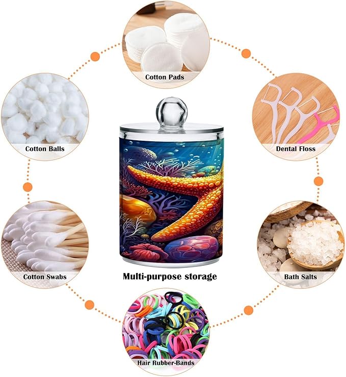 ALAZA 4pcs Orange Starfish Seashell Ocean Qtip Holder Dispenser 14 oz Bathroom Storage Clear Apothecary Jars Containers Cotton Ball,Cotton Rounds,Floss Picks, Hair Clips, Food