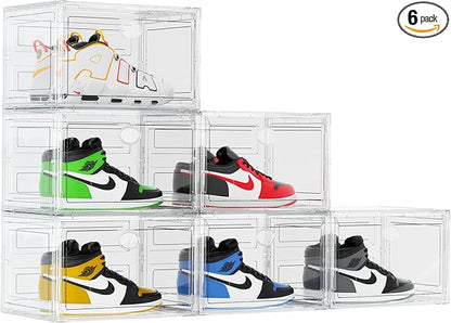 KEFA XL Shoe Storage Box Organizer, 6 Pack Shoe Boxes Clear Plastic Stackable, Sneaker Display Case Container Fit for US 13 (Side 6 PACK CLEAR)