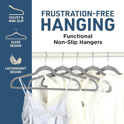 Lifemaster Velvet Non-Slip Hangers - 50 Pieces Non-Slip Coat Hanger Set with 360° Swivel Hook, Space-Saving, Sleek Design, Keep Closet Organized, Smooth Velvet Finish, Lightweight Construction - Gray