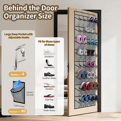 Over the Door Shoe Organizer with 40 Large Pockets, Multi-Purpose Storage for Shoe and Accessories, Durable Fabric with Adjustable Hooks for Home Closet Bedroom Entryway-Grey