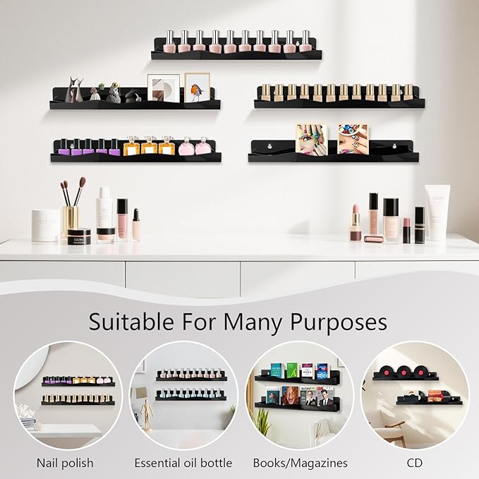 Nail Polish Wall Rack, 6-Shelf 15-Inch Black Acrylic Nail Polish Shelves with Removable Ends – Multi-Purpose Shelf for Essential Oils, Cosmetics Storage and Display for Salons and Bathrooms