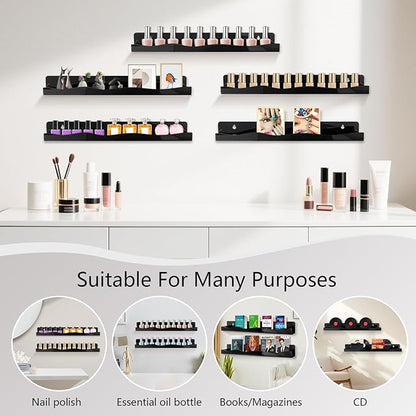 Nail Polish Wall Rack, 6-Shelf 15-Inch Black Acrylic Nail Polish Shelves with Removable Ends – Multi-Purpose Shelf for Essential Oils, Cosmetics Storage and Display for Salons and Bathrooms