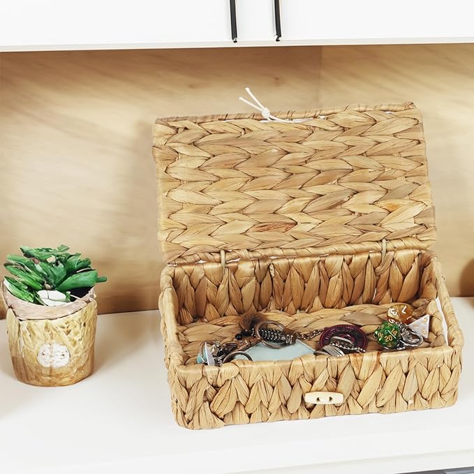 Small Basket with Lid, Wicker Storage Basket for Organizing, Rectangular Woven Basket for Storage, Water Hyacinth Decorative Boxes Bins with Lids (9" x 5.1" x 3")