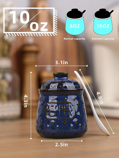 Salt & Pepper Bowl with Lid and Spoon, 10 OZ Ceramic Spices Cellar for Kitchen Counter top, Farmhouse Kitchen Decor (Vintage Blue, 4.3" Label Pepper)