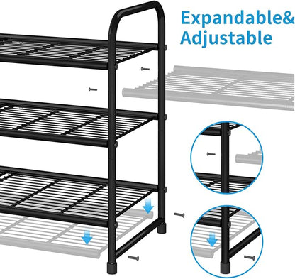 Simple Trending 3-Tier Stackable Shoe Rack, Expandable & Adjustable Shoe Shelf Storage Organizer, Wire Grid, Black