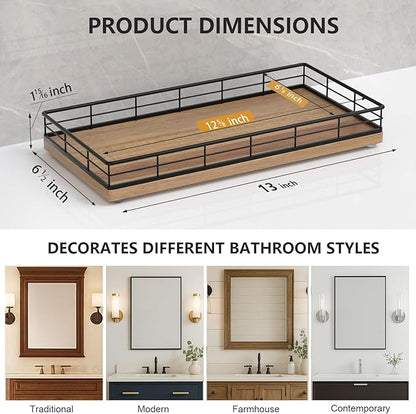 Toilet Paper Basket Organizer – Acacia Wood Toilet Tank Tray with Metal Frame, Bathroom Counter Top Storage for Toilet Paper, Wipes & Decor, Modern Narrow Back of Tank Shelf Organizer, Black & Acacia