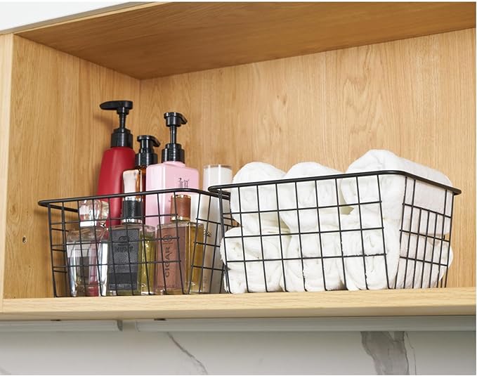 JUNCHU CHERRY Wire Kitchen Storage Basket 5 Packs,Perfect Pantry Organization Accessories Basket,Laundry,Countertop Organization,Suitable for Kitchen,Bathroom,Bedroom,Tabletop,Stackable,Black