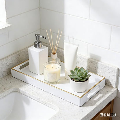 White Bathroom Vanity Tray for Countertop,Small Rectangular Plastic Tray for Toilet Tank,Multi-Purpose Bathroom Organizer for Makeup,Perfumes,Jewelry,Candles & Keys