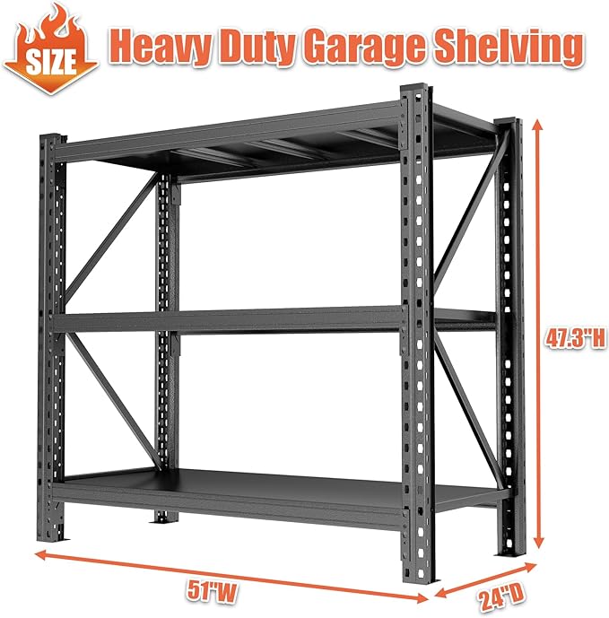 Heavy Duty Metal Garage Shelving Unit, 3-Tier Adjustable Storage Shelves, 3000LBS for Garage & Basement, Kitchen and Pantry Industrial Steel Rack, Ideal for Tool Organization & Storage, Black, 51"W