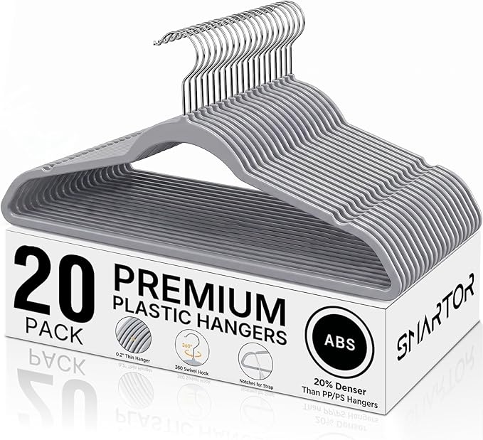 SMARTOR Plastic Hangers 20 Pack - Thin and Slim Design for Space Saving Organizer - Durable & Heavy Duty Closet Organizers and Storage with 360 Swivel Hooks, Non Slip Notches for Straps - Gray