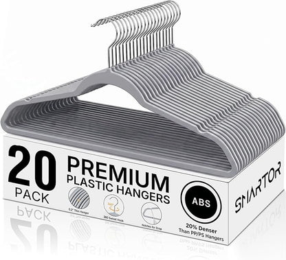 SMARTOR Plastic Hangers 20 Pack - Thin and Slim Design for Space Saving Organizer - Durable & Heavy Duty Closet Organizers and Storage with 360 Swivel Hooks, Non Slip Notches for Straps - Gray