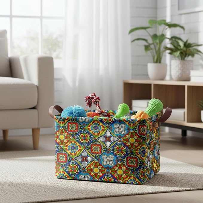 Mexican Talavera Decor Storage Basket Waterproof Canvas Toy Storage Bin Mexican Decor For Home Collapsible Outdoor Basket with Leather Handles Mexican Gifts Blanket Baskets For Closets,Bedrooms