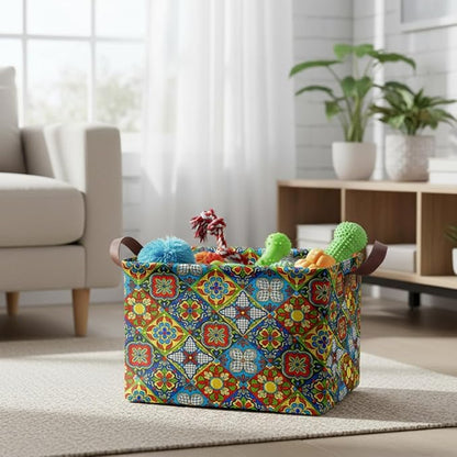 Mexican Talavera Decor Storage Basket Waterproof Canvas Toy Storage Bin Mexican Decor For Home Collapsible Outdoor Basket with Leather Handles Mexican Gifts Blanket Baskets For Closets,Bedrooms