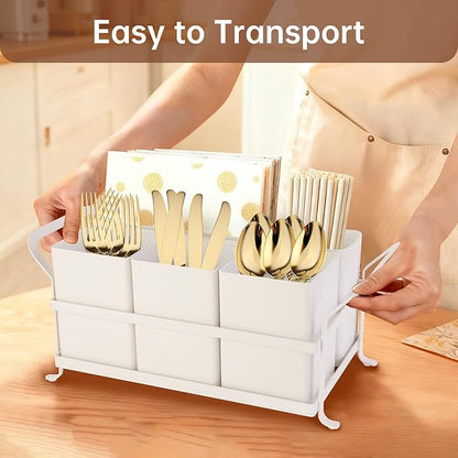 Silverware Caddy Metal Utensil Holder for Party Countertop Silverware Utensil Caddy Cutlery Flatware Organizer for Spoons Forks Plates Napkins White
